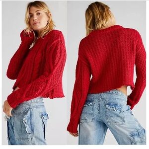 Free People Red 100% Cotton Slightly Cropped Sweater